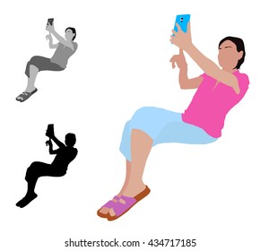Realistic flat colored illustration of a young woman taking selfie while sitting on a armchair