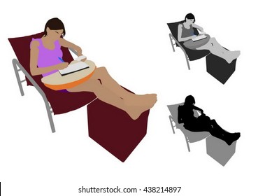 Realistic flat colored illustration of a young woman studying on a seat
