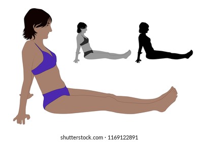 Realistic flat colored side illustration of a young woman sitting on the ground