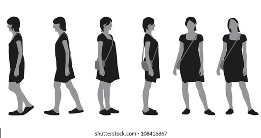 Realistic flat illustration of a walking casual young woman with hat