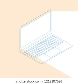 Realistic flat modern, laptop with color glow on dark background.