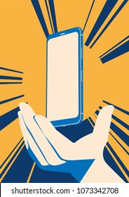 Realistic flat modern, smart phone with glow, and hand on dark background.