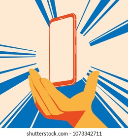 Realistic flat modern, smart phone with glow, and hand on dark background.