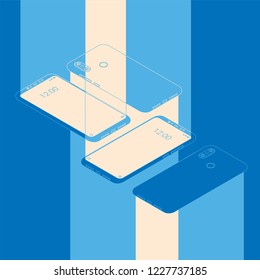 Realistic flat modern, two smart phone with color glow on light background.