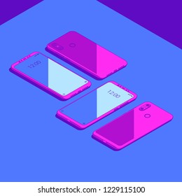Realistic flat modern, two smart phone with neon color glow on dark background.