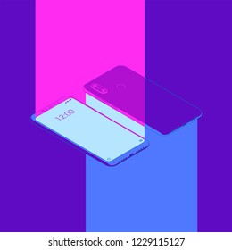 Realistic flat modern, two smart phone with neon color glow on dark background.