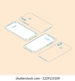 Realistic flat outline modern, two smart phone with glow on light background.