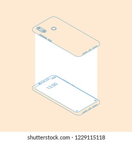 Realistic flat outline modern, two smart phone with glow on light background.