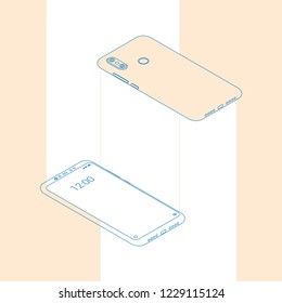 Realistic flat outline modern, two smart phone with glow on light background.