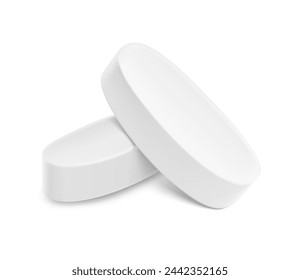 Realistic flat oval tablet pill mockup. Vector illustration isolated on white background. Can be used for medical and cosmetic. Ready for your design. EPS10.