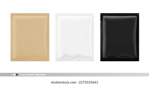 Realistic flat sachet mockups with different materials. Vector illustration isolated on white background. Front view. Great way to presentation your products. EPS10. 