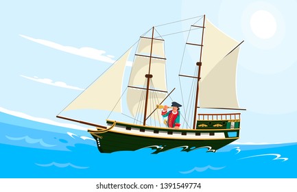 Realistic flat style illustration of an old wooden sailing ship on the water and with the captain on the deck. Ship in the sea or ocean. Brig with white sails went on a long voyage.