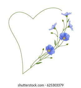 Realistic flax flowers, romantic frame, heart. Eco-friendly lifestyle.