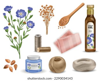 Iconos de lino realistas con aceite de flores y productos cosméticos ilustraciones vectoriales aisladas