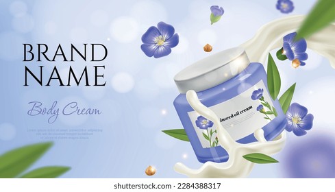 Realistic flax poster with body cream can and flowers vector illustration