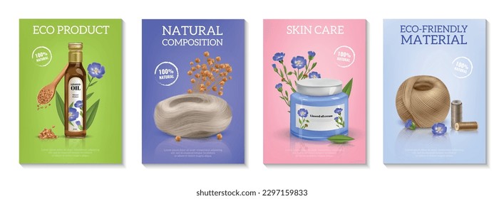 Realistic flax poster set with natural fabric and organic skin care products isolated vector illustration