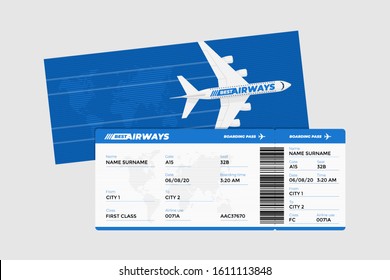 Realistic flight airline ticket boarding pass design template with passenger name and barcode. Air travel by airplane blue color document vector illustration