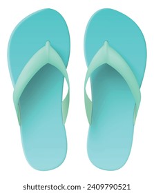 Realistic flip flops model. Summer shoes top view. Blank beach sandals. Rubber bathing footgear. Foot wear accessory. Blue plastic sole. Summertime clothing. Vector