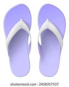 Realistic flip flops model. Summer shoes top view. Beach sandals. Casual slippers. Rubber footgear. Foot wear accessory. Purple plastic sole. Summertime clothing. Vector