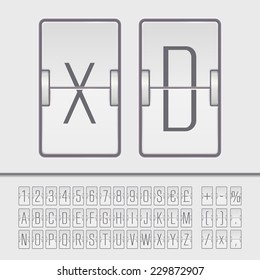 Realistic flip score board airport template. Departure analog airport board font on white background. Arrival airport abc. Airport countdown board alphabet and numbers. Vector scoreboard font.