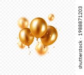 Realistic floating vector balloons isolated on transparent background. Design element gold colored balloons and glittering confetti for greeting card or party invitation.