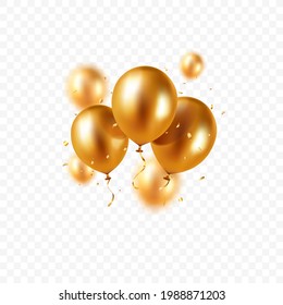 Realistic floating vector balloons isolated on transparent background. Design element gold colored balloons and glittering confetti for greeting card or party invitation. - Shutterstock ID 1988871203