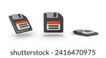 Realistic floppy disk on white background. Vector set of models in different positions. Design templates with motion effect. Symbol of backup, saving data. Old data carrier for computer
