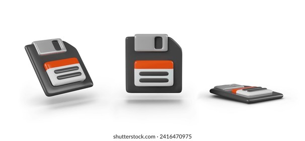 Realistic floppy disk on white background. Vector set of models in different positions. Design templates with motion effect. Symbol of backup, saving data. Old data carrier for computer