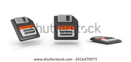 Realistic floppy disk on white background. Vector set of models in different positions. Design templates with motion effect. Symbol of backup, saving data. Old data carrier for computer