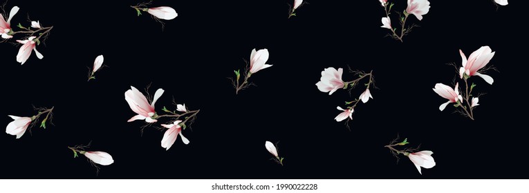 patrón floral realista aislado en fondo negro. la magnolia es un símbolo del verano, la primavera, en el estilo del realismo. 3d fondo floral para sitio web, diseño. Pantalla ancha. ilusión vectorial