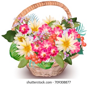 Realistic Floral Summer bouquet in a basket Vector. Beautiful decor detailed illustration