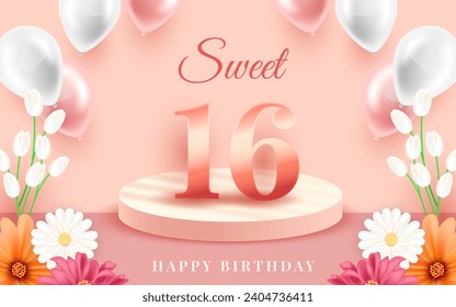 Realistic floral sweet 16 cover vector design in eps 10