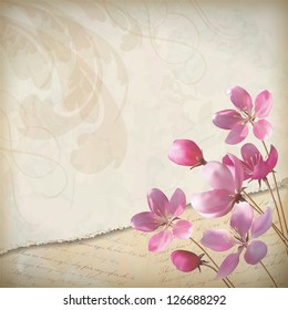 Realistic floral vector spring design with elegant pink blooming flowers, ragged edge of old paper sheet, decorative elements and classic calligraphic text on vintage, grunge background in retro style