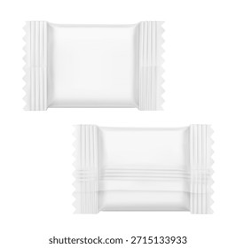 Paquete de flujo realista para maqueta de dulces. Vista frontal y trasera. Ilustración vectorial sobre fondo blanco. Fácil de usar para la presentación de su producto, idea, diseño. EPS10.