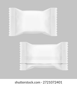 Realistisches Flow Pack für Süßigkeiten-Mockup. Vorder- und Rückseite Vektorgrafik auf grauem Hintergrund. Einfach zu verwenden für die Präsentation Ihres Produkts, Idee, Design. EPS10.