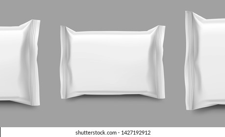 Realistic flow pack mockup. Front view. Vector illustration isolated on white background. Easy to use for presentation your product, idea, design. EPS10.
