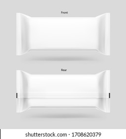 Realistic flow pack mockup. Front and back view. Vector illustration on grey background. Easy to use for presentation your product, idea, design. EPS10.	