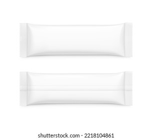 Realistic flow pack mockup. Front and rear side. Vector illustration isolated on white background. Can be use for your design, promo, adv and etc.