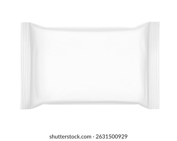 Realistic flow pack mockup. Front view. Vector illustration isolated on white background. Can be use for your design, promo, adv and etc. EPS10.