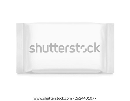 Realistic flow pack mockup. Front view. Vector illustration isolated on white background. Can be use for your design, promo, adv and etc. EPS10.	