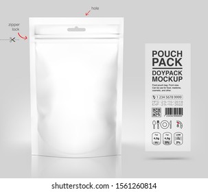 Realistic flow pack mockup with product information. Vector illustration isolated on white background. Easy to use for presentation your product, idea, design. EPS10.	