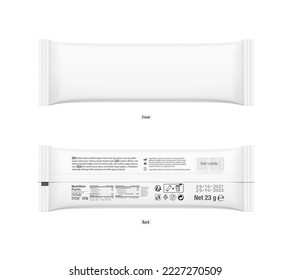 Realistic flow pack mockup set. Front and back side. Vector illustration isolated on white background. Can be use for your design, promo, adv and etc.	