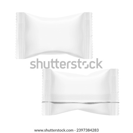Realistic flow pack mockups. Front and rear views. Vector illustration on white background. Easy to use for presentation your product, idea, design. EPS10.