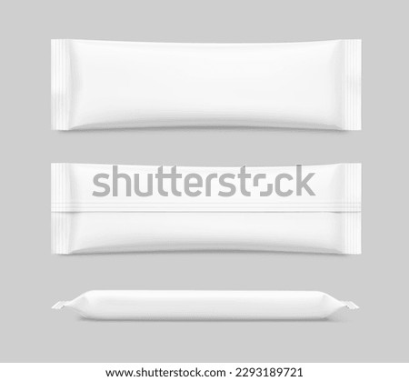 Realistic flow package bag mockup. Vector illustration. Front, side and back view. Ready for your design. It can be used in the adv, promo, package, etc. EPS10.