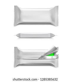 Realistic flow package mockups. Vector illustration isolated on white background. Front, side and rear view. It can be used in the adv, promo, package, etc. EPS10.