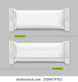 Realistic flow packaging mockup for bars, candies, waffles. Front and rare side. Vector illustration on grey background. Easy to use for presentation your product, idea, design. EPS10.