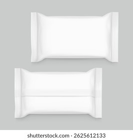 Realistic flow packaging mockup for bars, candies, waffles. Front and back views. Vector illustration on grey background. Easy to use for presentation your product, idea, design. EPS10.