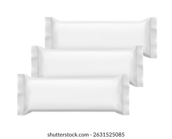 Realistic flow packaging mockup for bars, candies, waffles. Front view. Vector illustration isolated on white background. Easy to use for presentation your product, idea, design. EPS10.