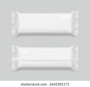 Realistic flow packaging mockup for bars, candies, waffles. Front and back views. Vector illustration on grey background. Easy to use for presentation your product, idea, design. EPS10.