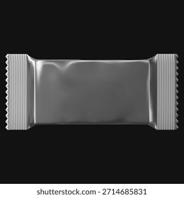 Modelo de embalagem de fluxo realista para barras, doces, waffles. Frente. Invólucro de produto vetorial em branco. Pacote de doces vazio no fundo preto. Mostrando design de recipiente de plástico de lanche de sobremesa doce